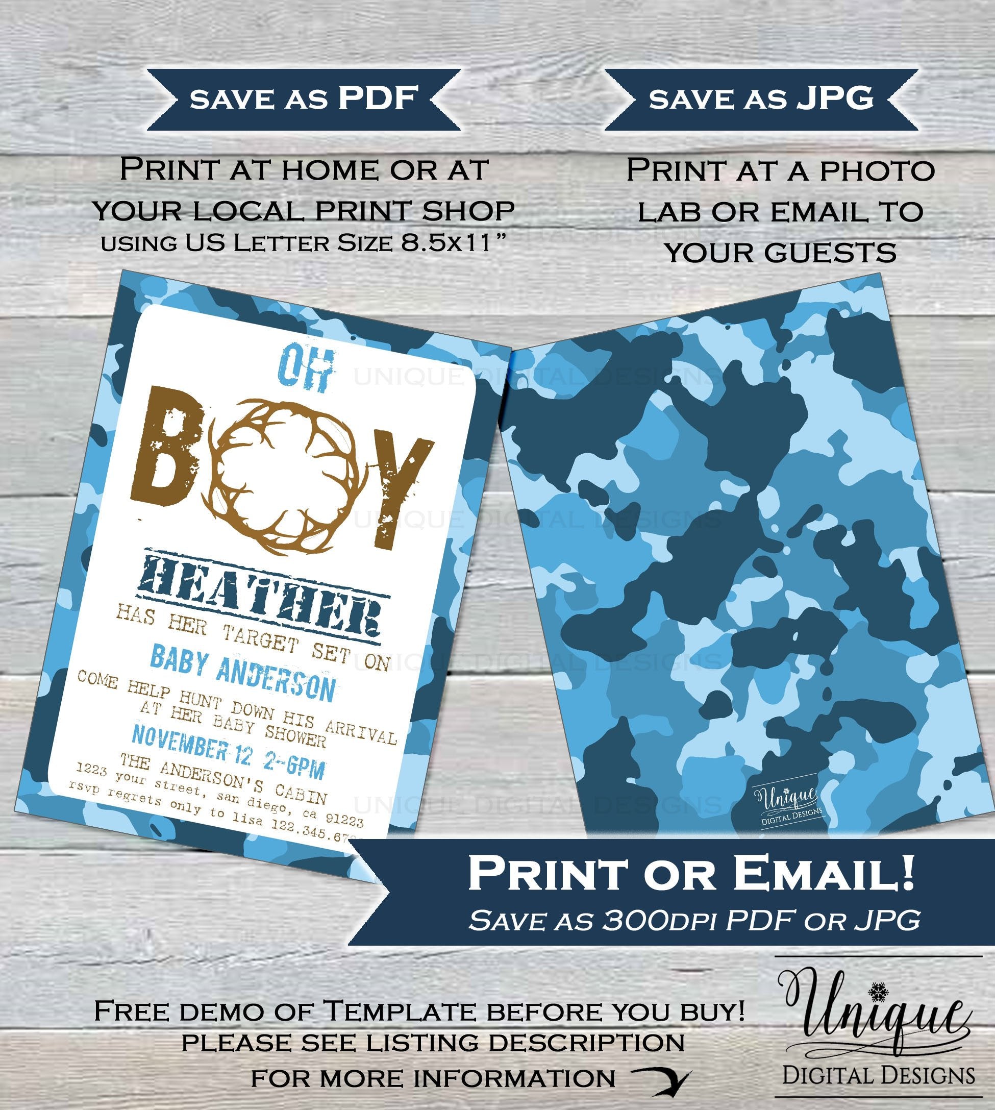 hunting baby shower invitation, editable hunting baby boy