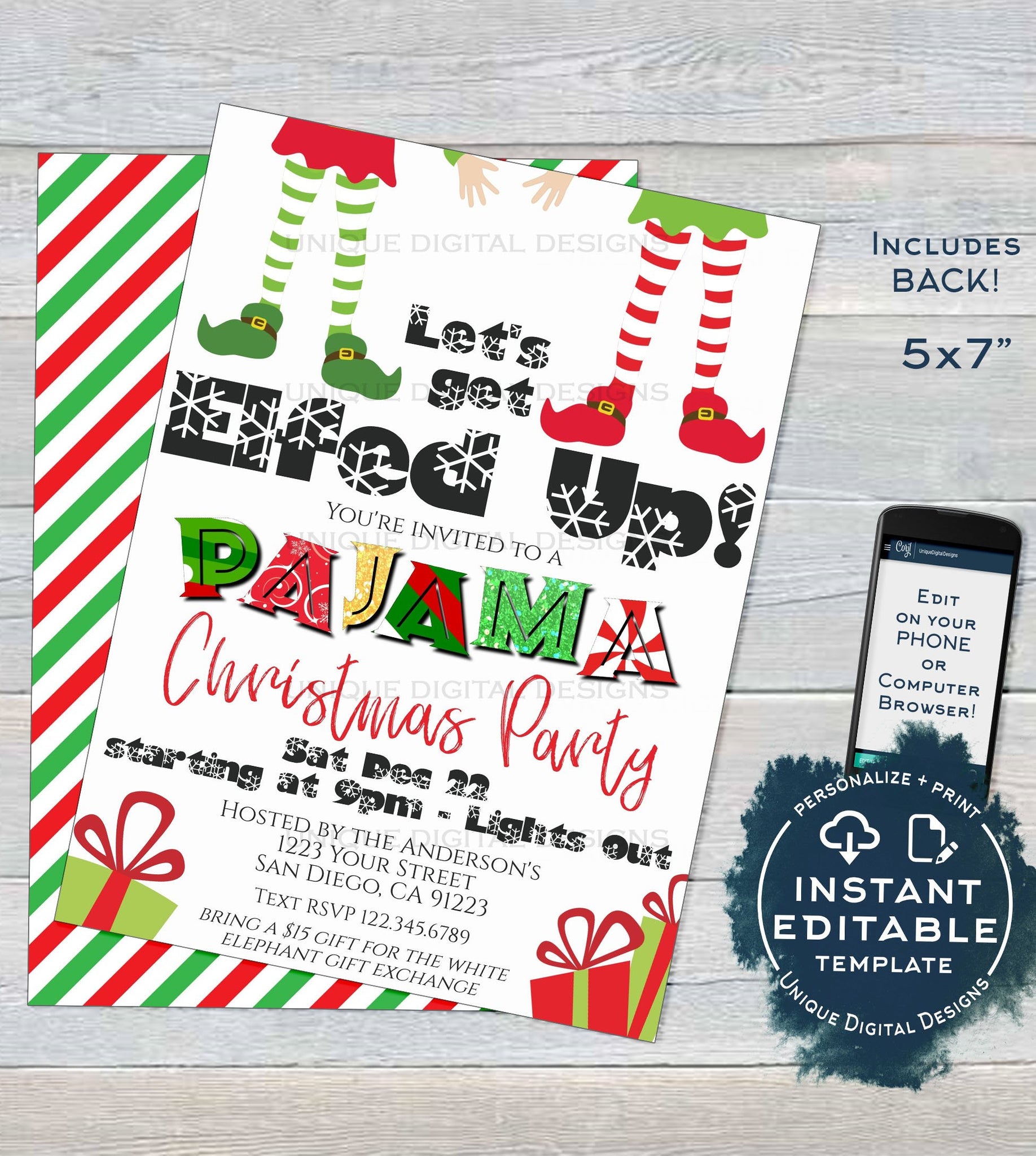 Editable Christmas Pajama Party Invitations, Adult Christmas Invite, L