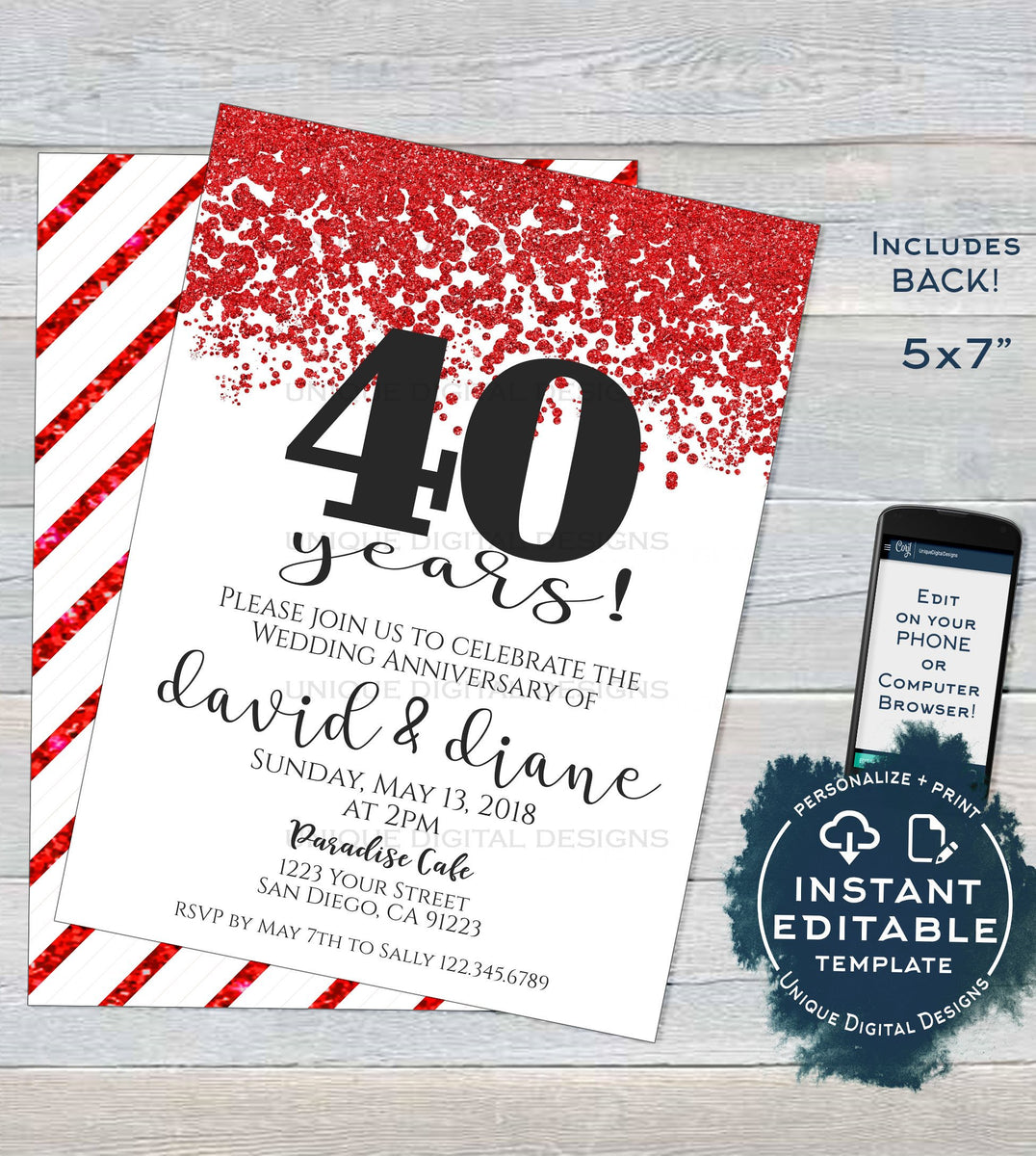 40 year Anniversary Invitation, Editable 40th Wedding Anniversary Ruby