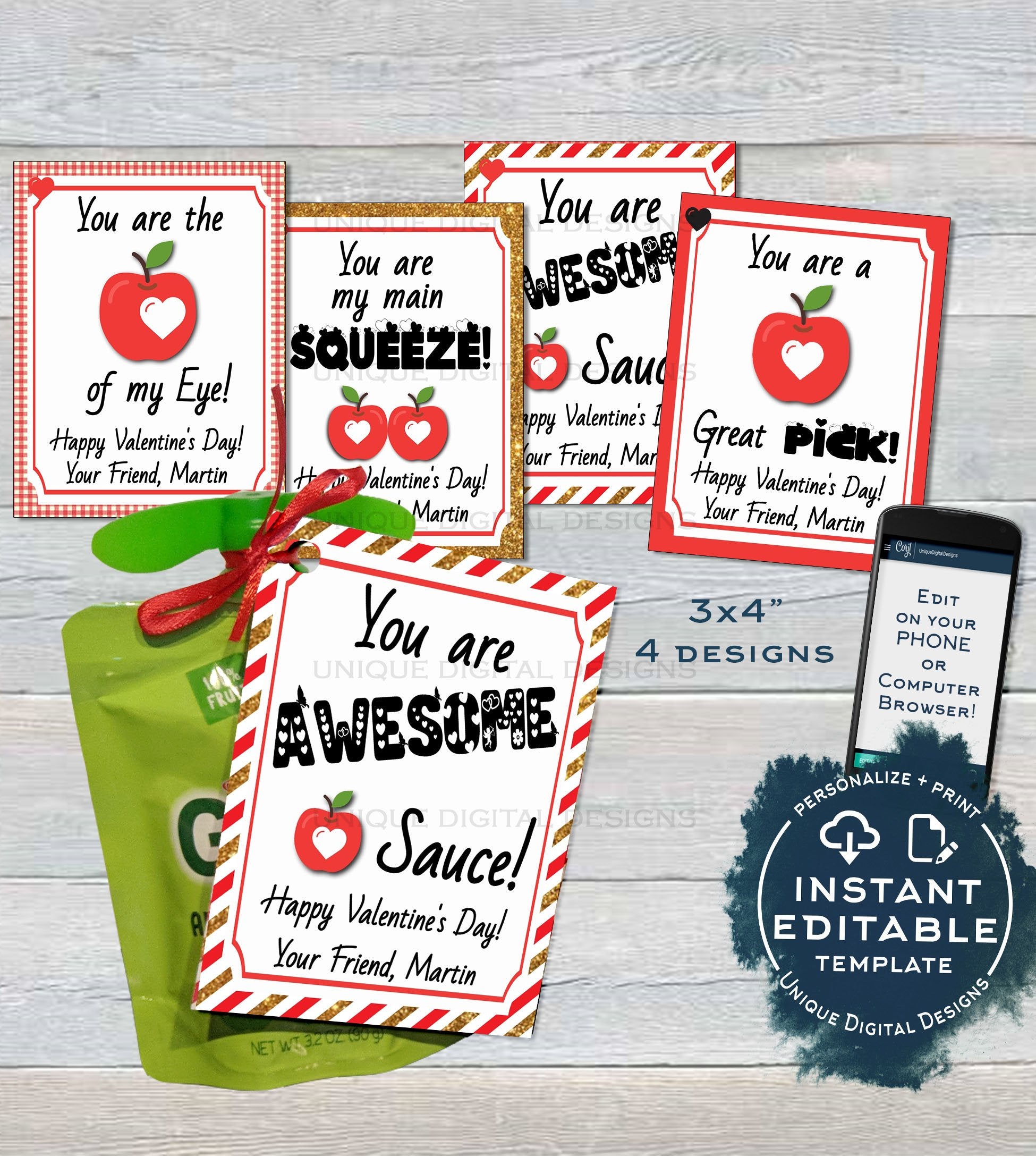 Applesauce Valentine Label Pouch Tag, Editable Valentine's Gifts for S