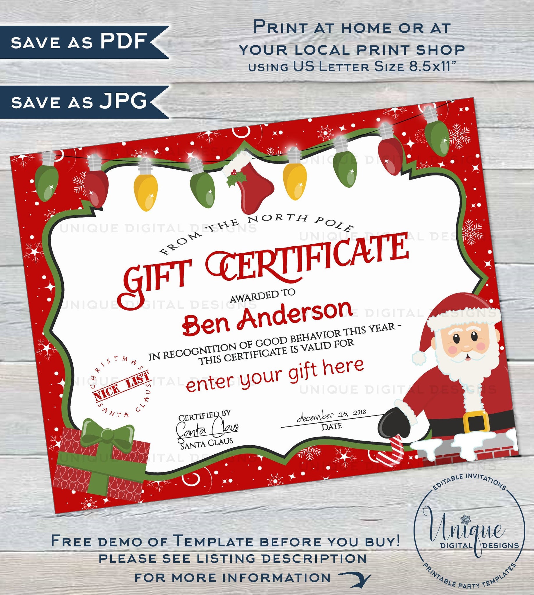 Gift Certificate Template, Editable Gift Certificate from Santa, Custo