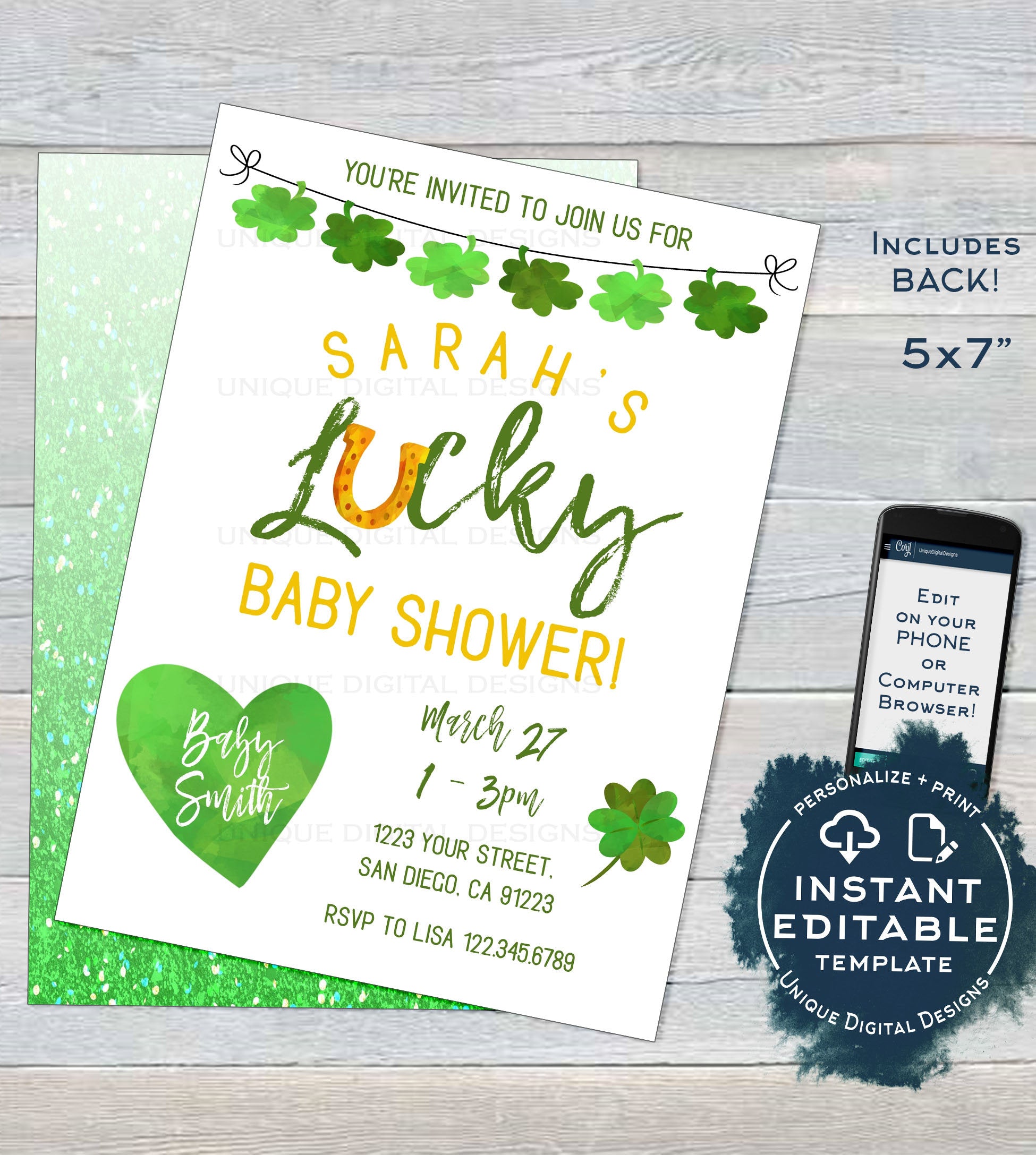 green and gold baby shower invitations