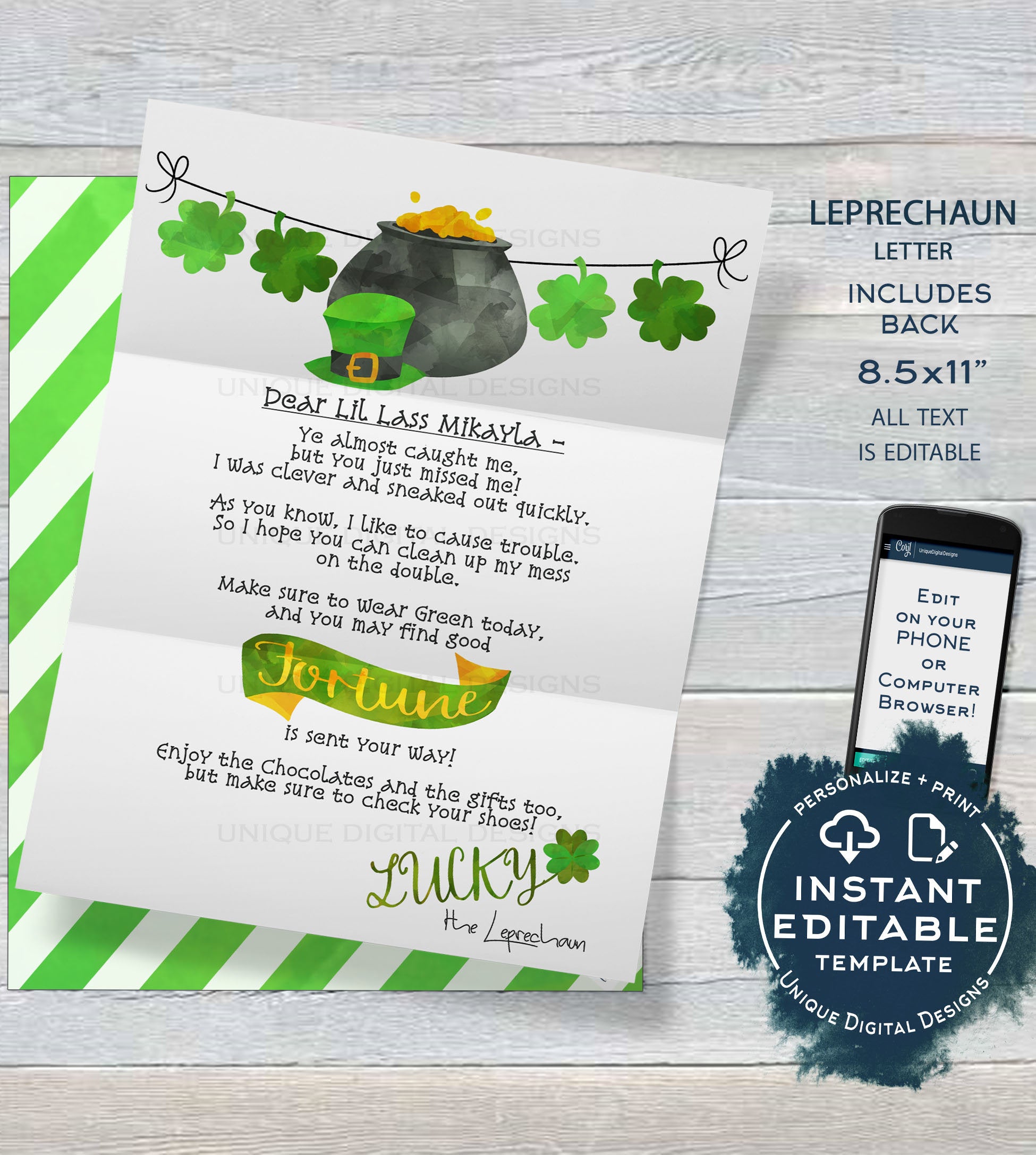 Leprechaun Letter, Editable St Patrick's Day Note, Lucky Irish Leprech