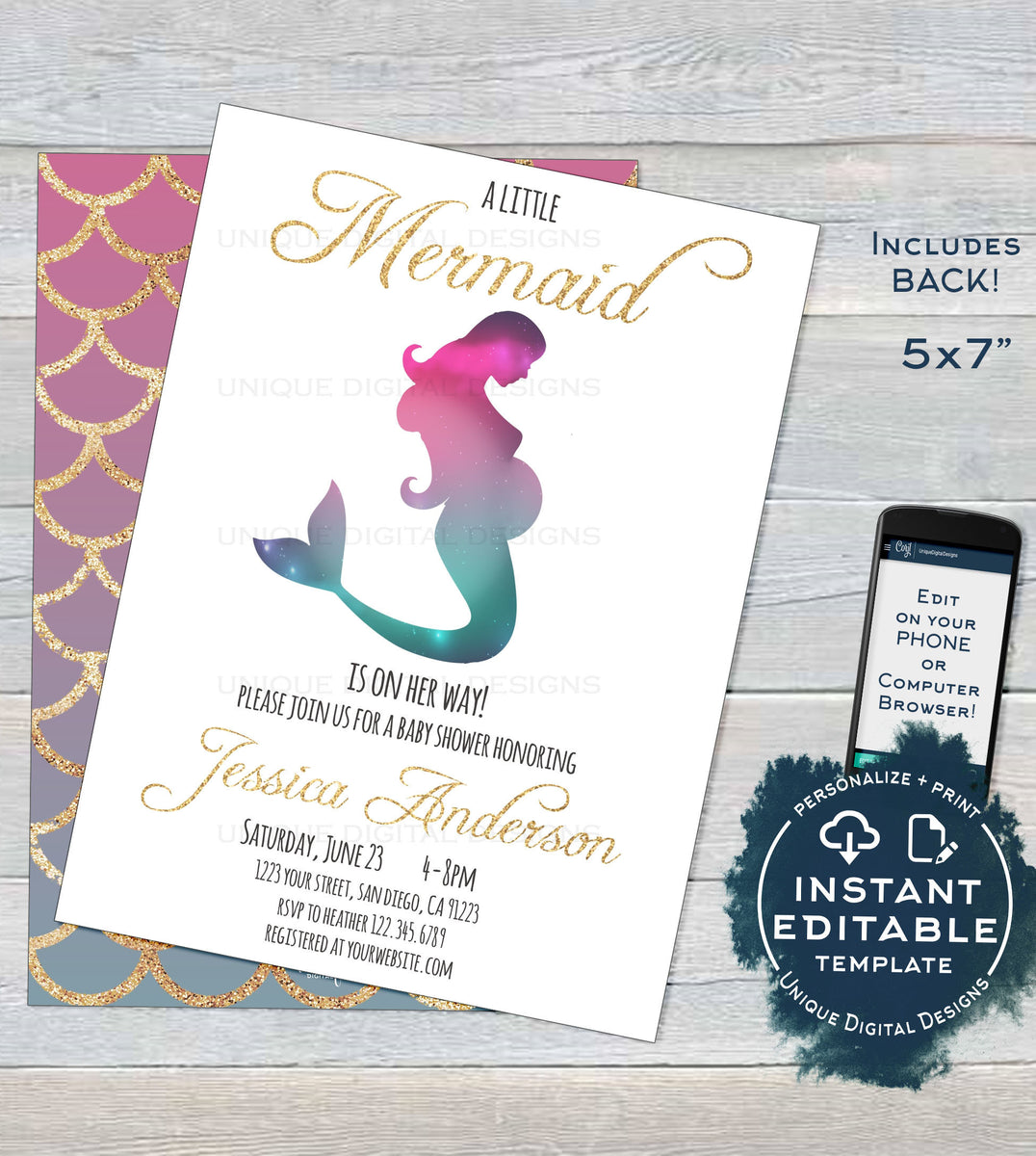 Mermaid Baby Shower Invitation, Editable Girl Mermaid Gold ...