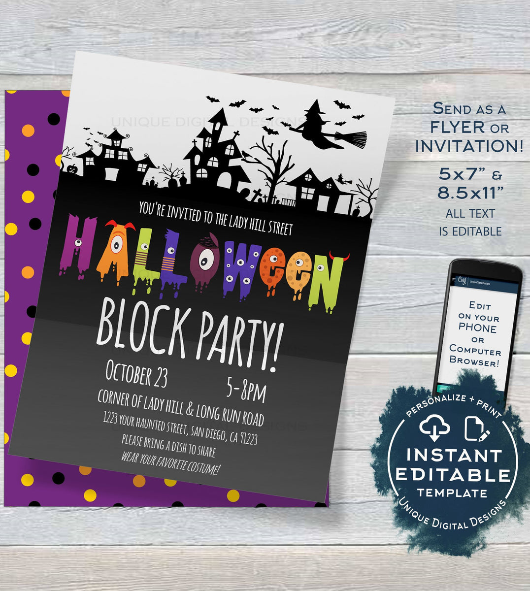  Halloween  Block Party Invitation  Editable Street Party 