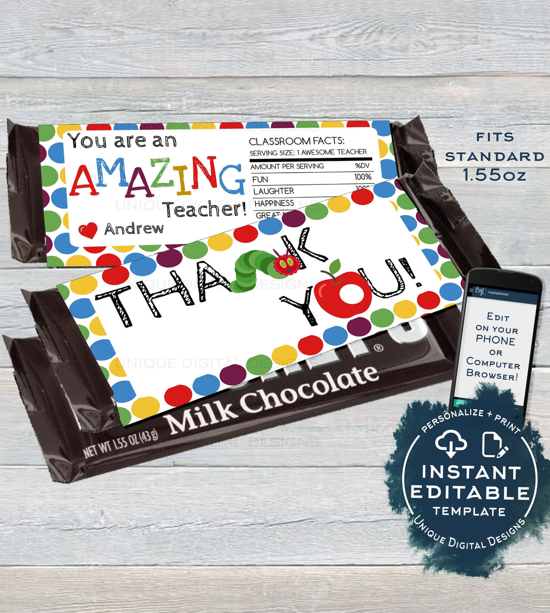 Teacher Appreciation Gift, Editable Candy Bar Wrapper, Teacher Thank Y