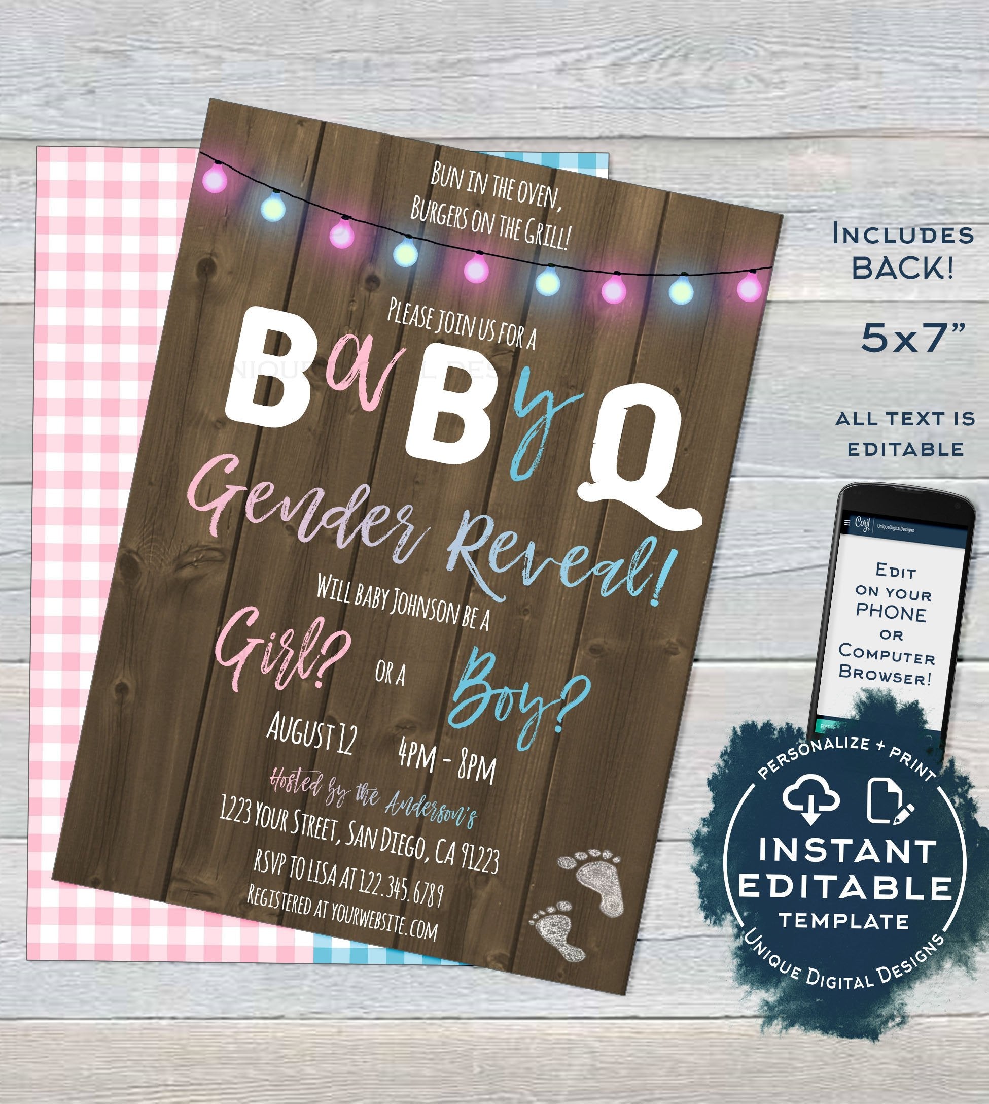 Rustic BabyQ Gender Reveal Invitation Editable He Or She BBQ Pink Or 