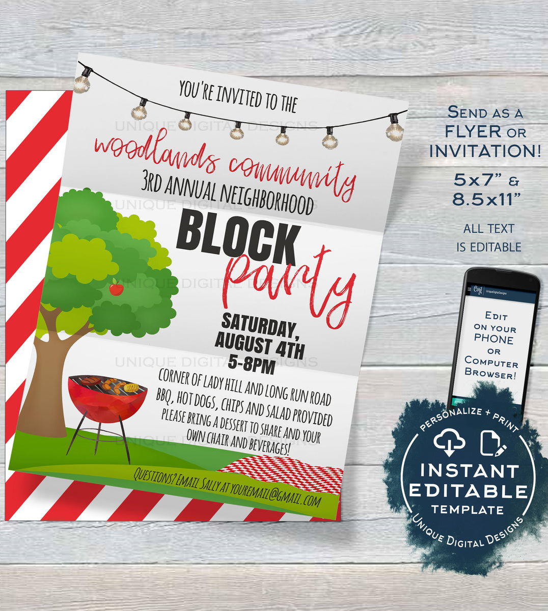 Editable Block Party Invitation , Neighborhood Street Party, Backyard