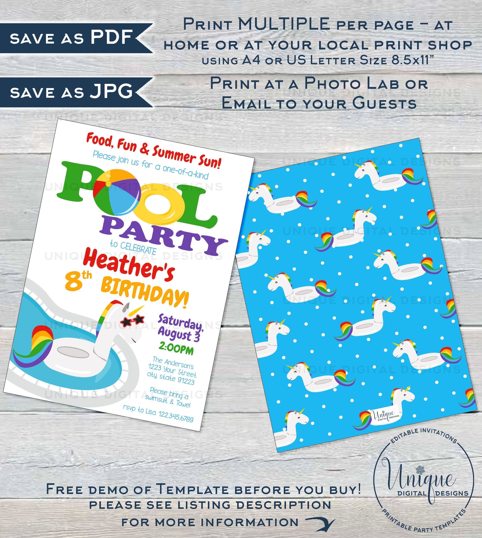 Editable Pool Party Invitation Unicorn Birthday Pool Party Any Age R