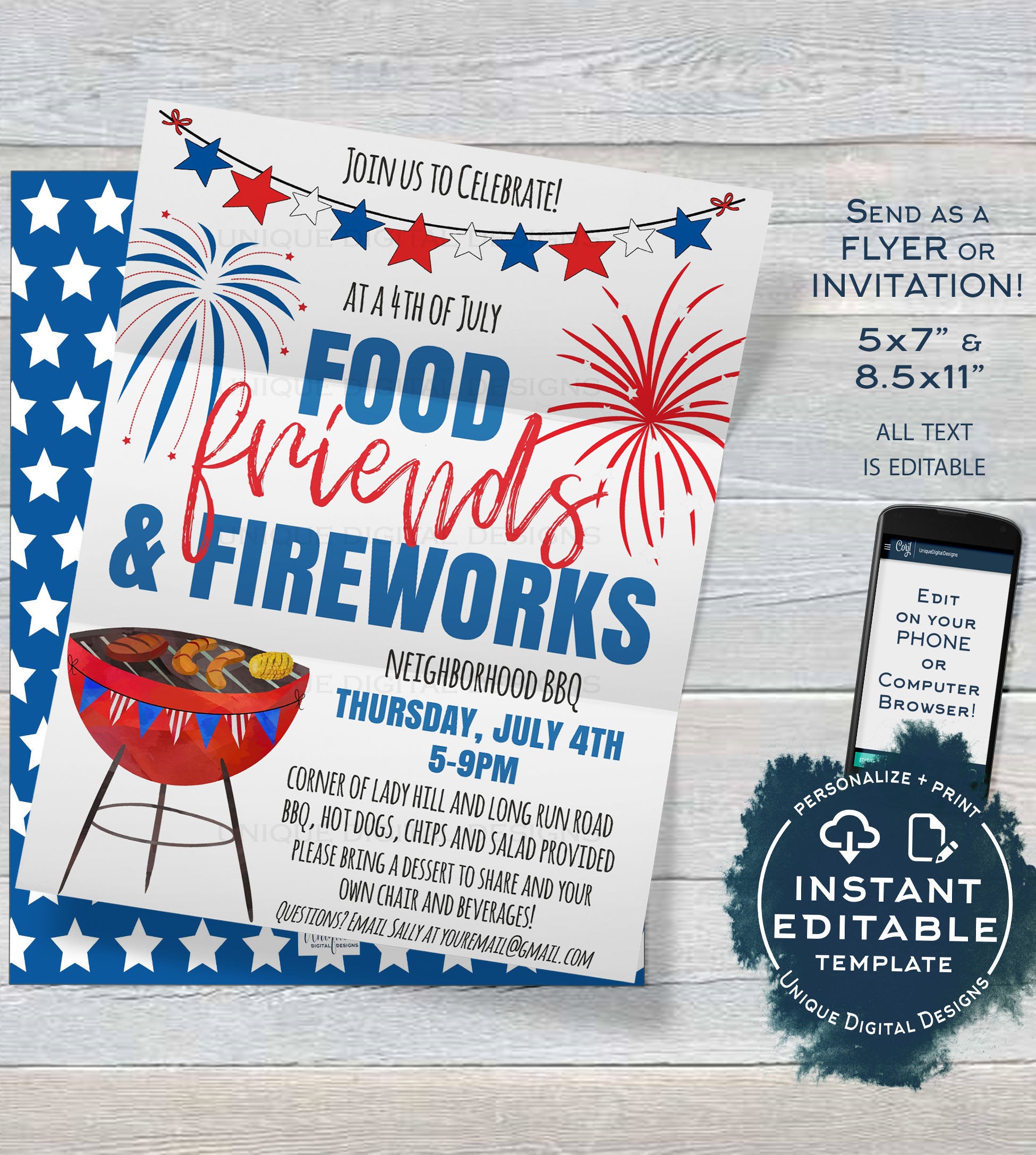 4th of July Invitation, Editable Fourth of July Celebration BBQ Firewo