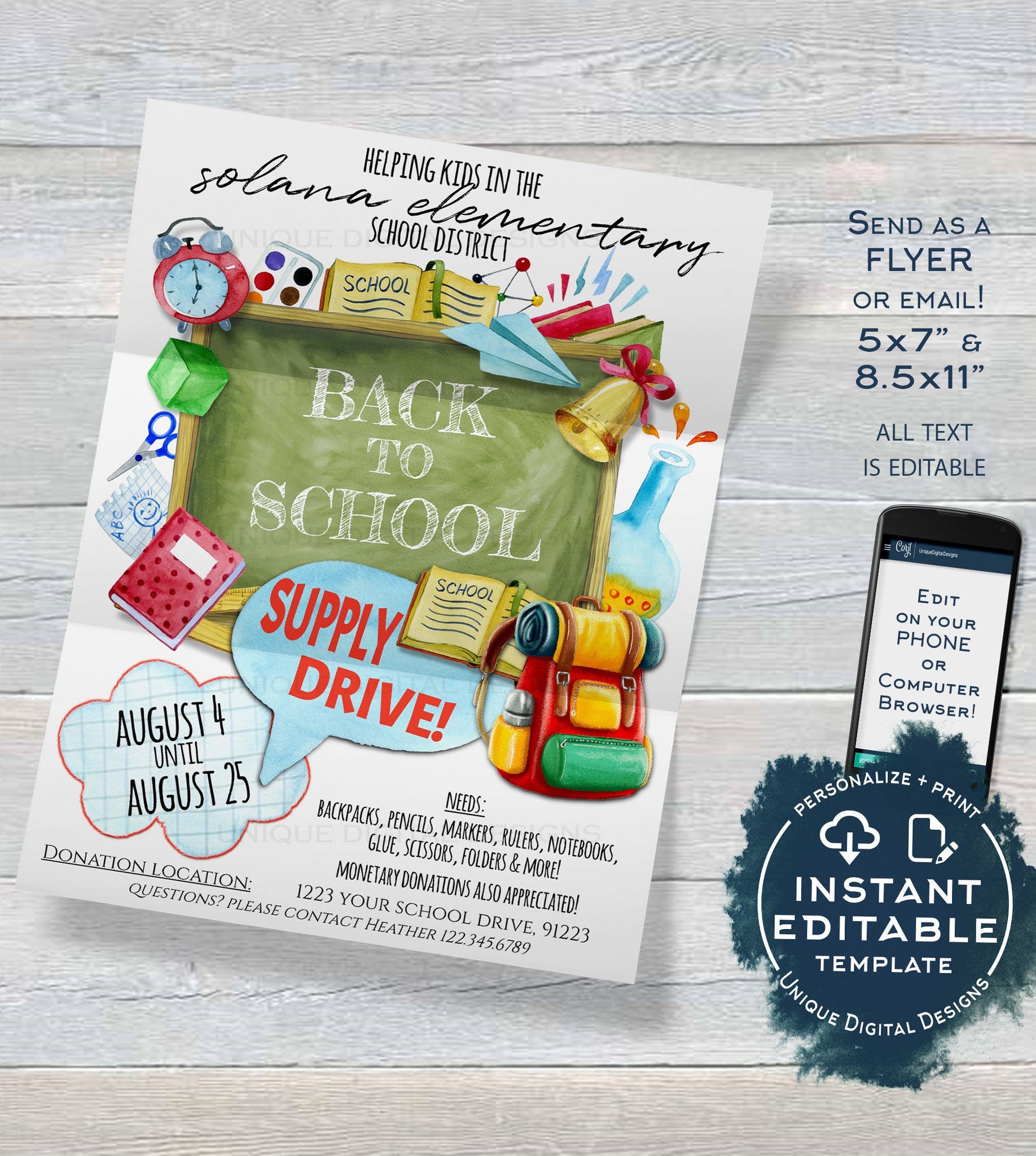 School Supply Drive Flyer Editable School Donation