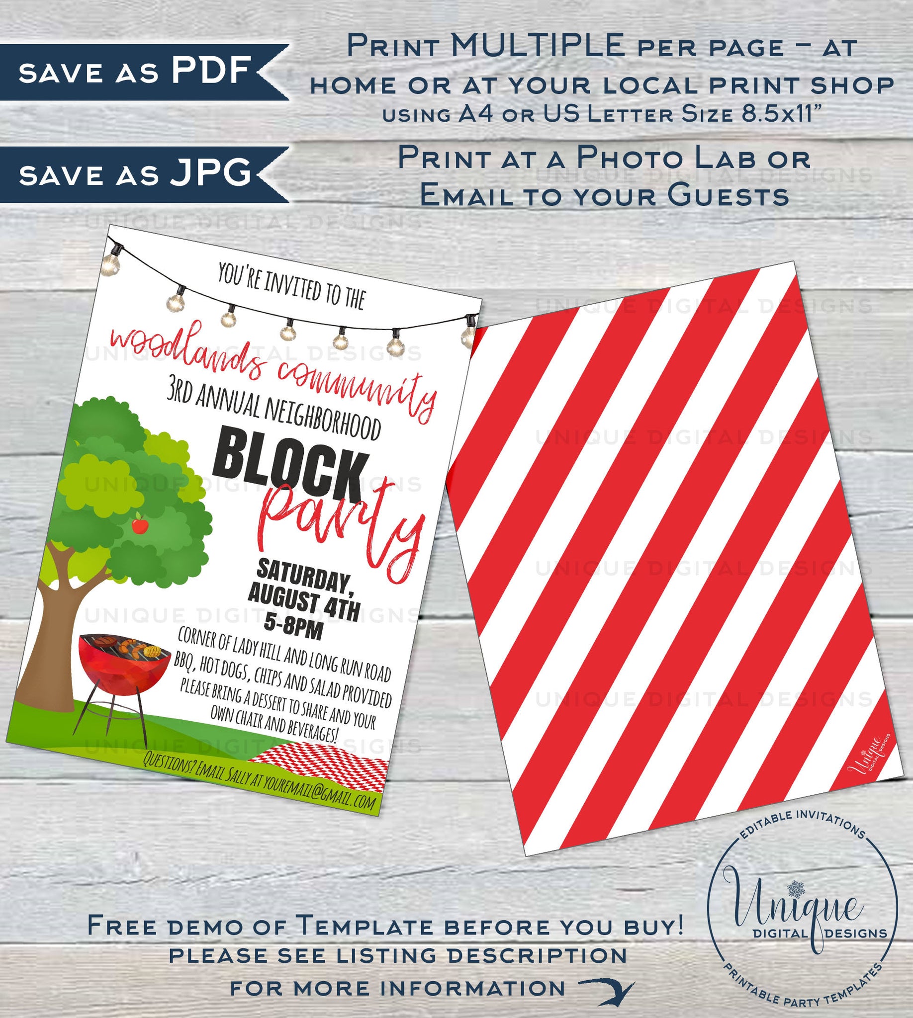 Editable Block Party Invitation Template, Neighborhood Street Party, B