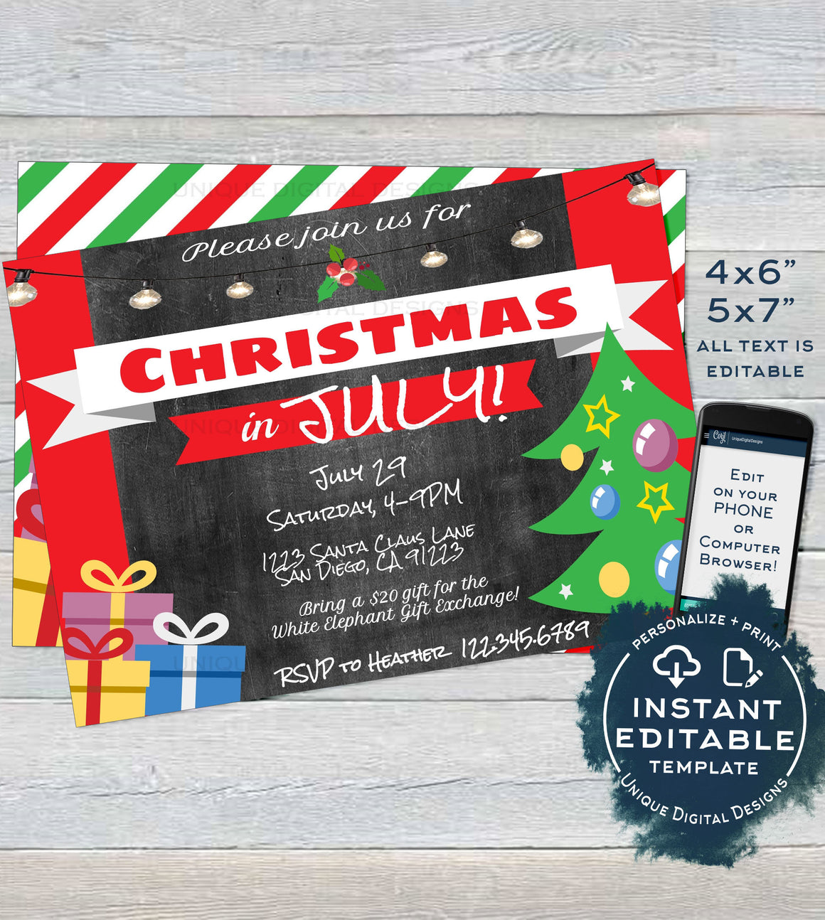 Christmas in July Invitations, Editable July Summer Party Invite, Summ