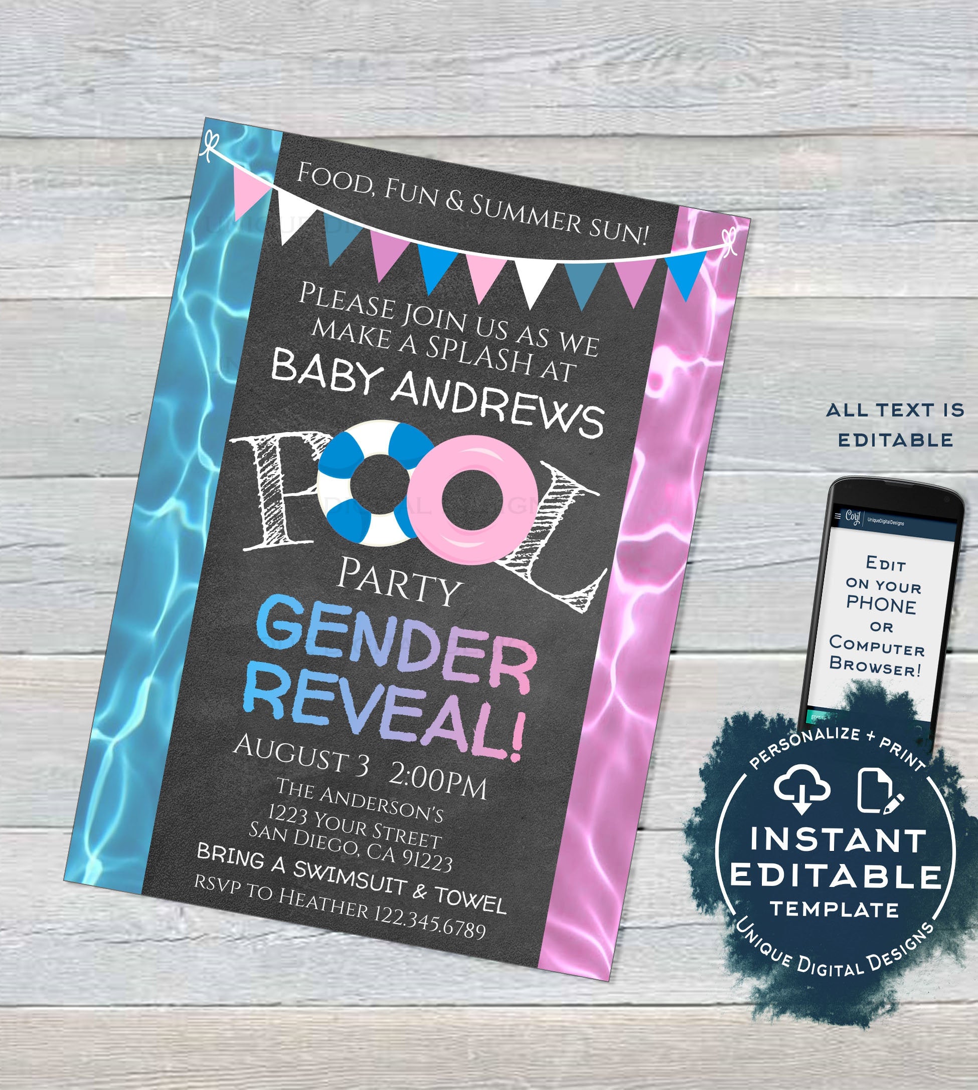 Editable Pool Party Gender Reveal Invitation He Or She Summer Pool Pa