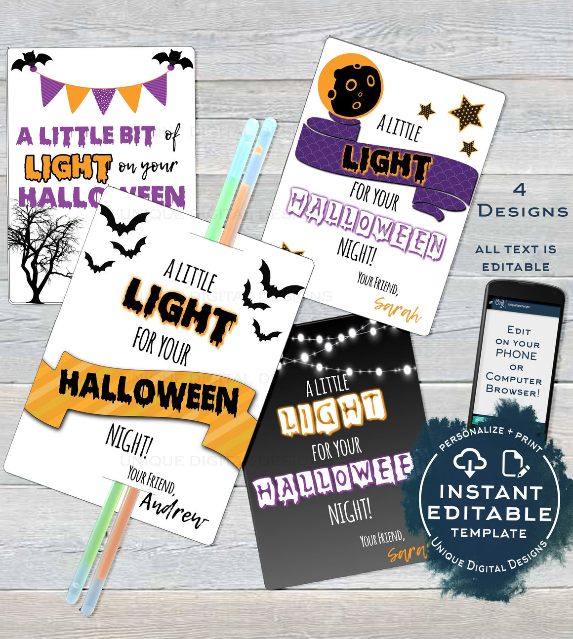Editable Halloween Glow Stick Tags A Little Light For Halloween Night