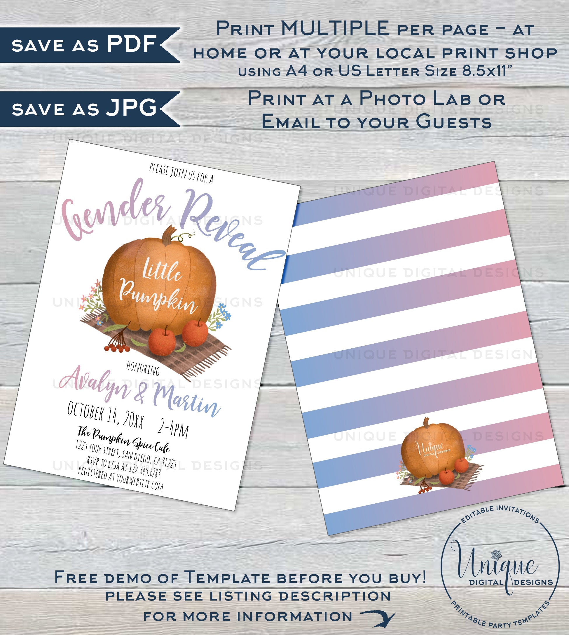 Little Pumpkin Gender Reveal Invitation Editable Rustic Pumpkin Invit