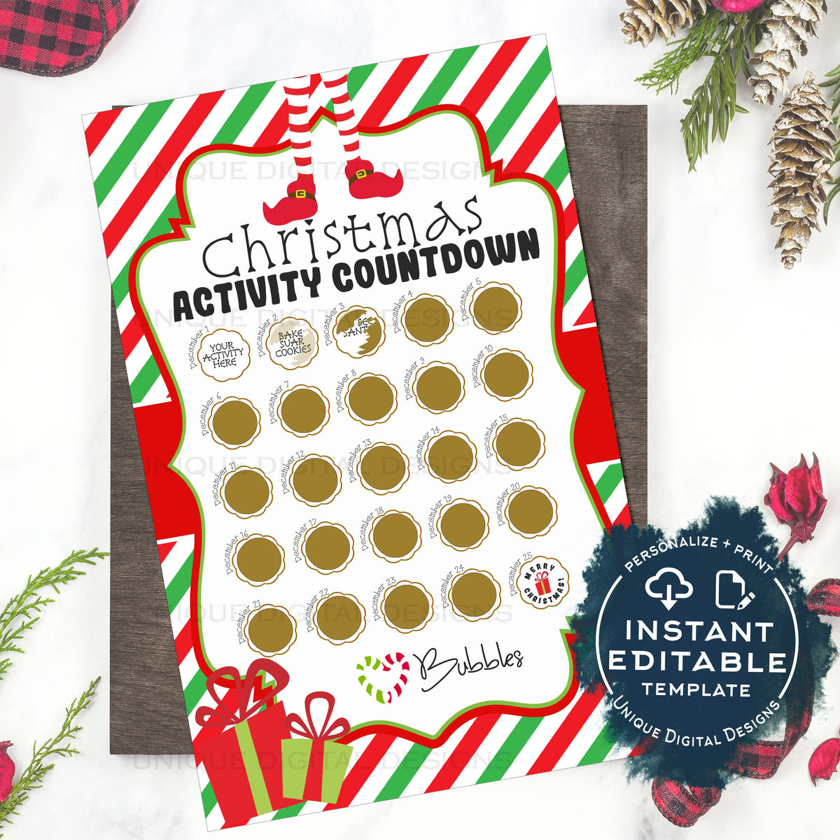 Editable Scratch Off Elf Countdown to Christmas Advent Calendar, Perso