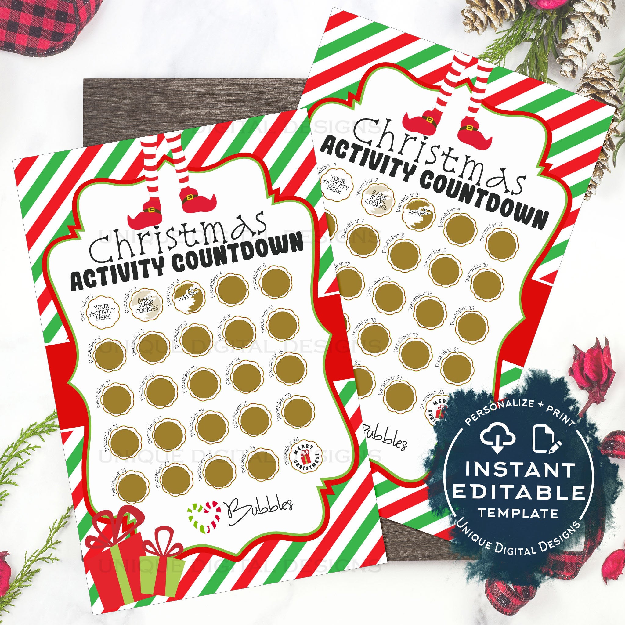 Editable Scratch Off Elf Countdown to Christmas Advent Calendar, Perso