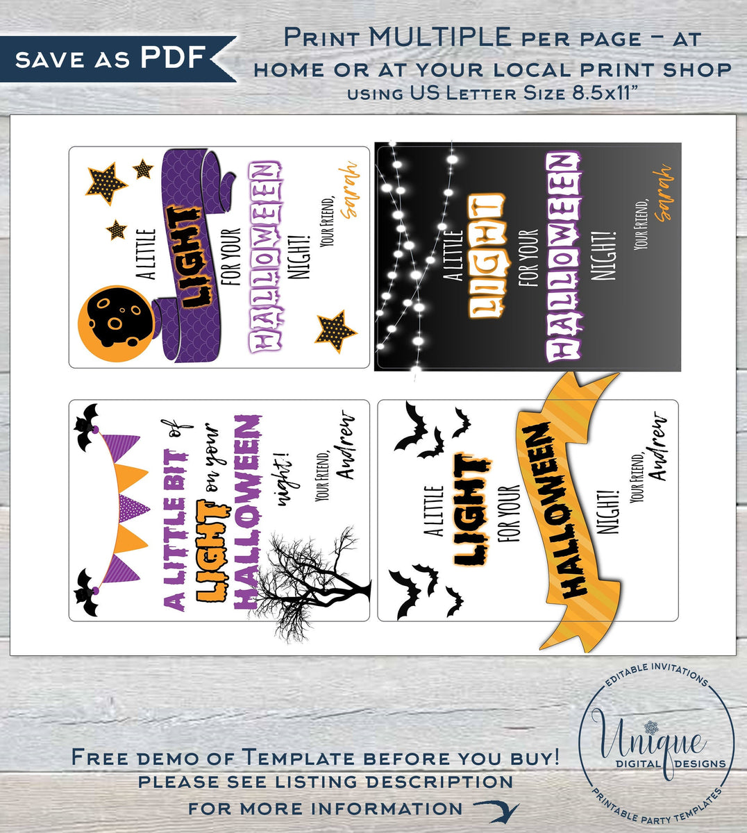 Editable Halloween Glow Stick Tags, A Little Light for Halloween Night