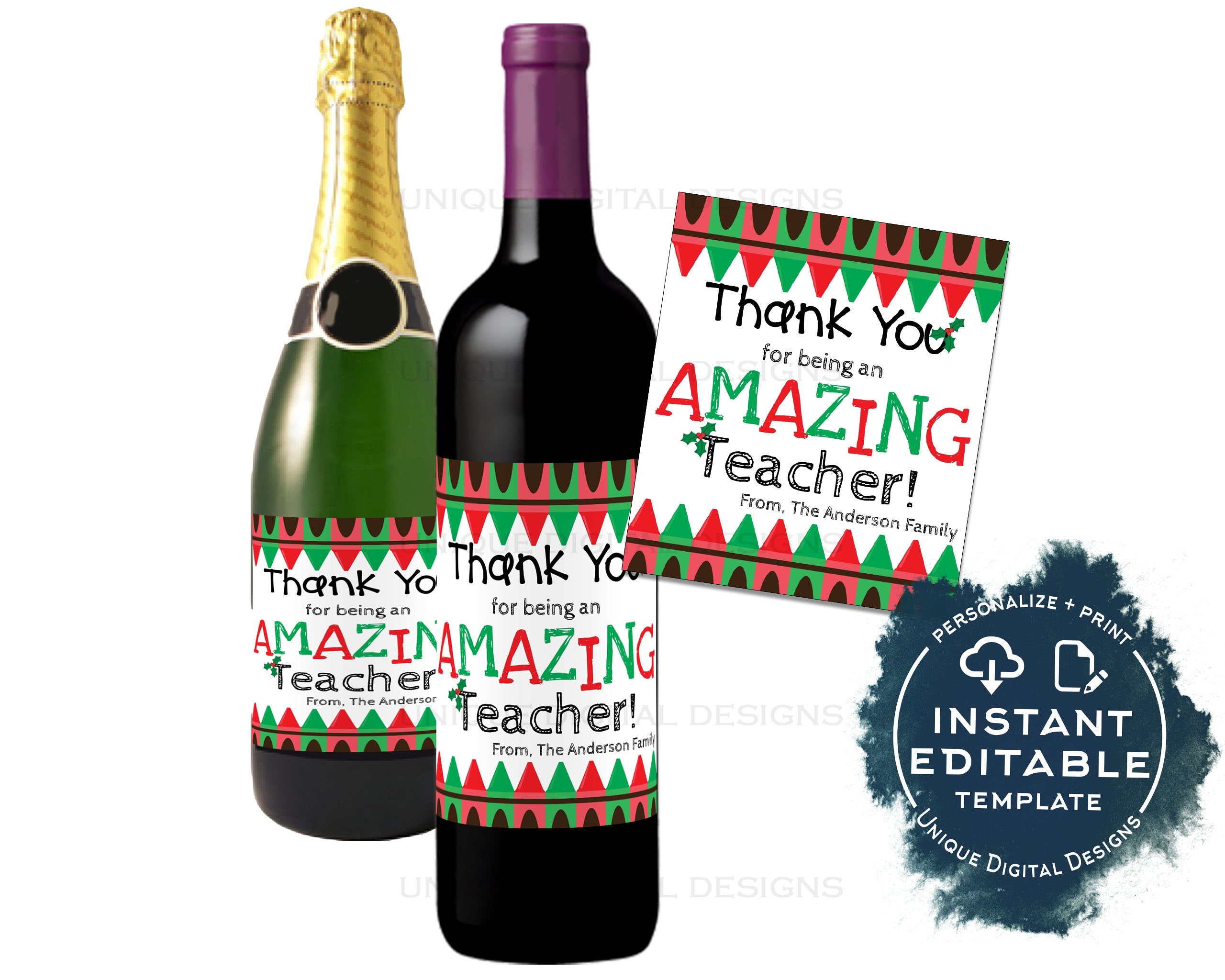 Editable Teacher Appreciation Christmas Gift, Wine Bottle Label Wine L