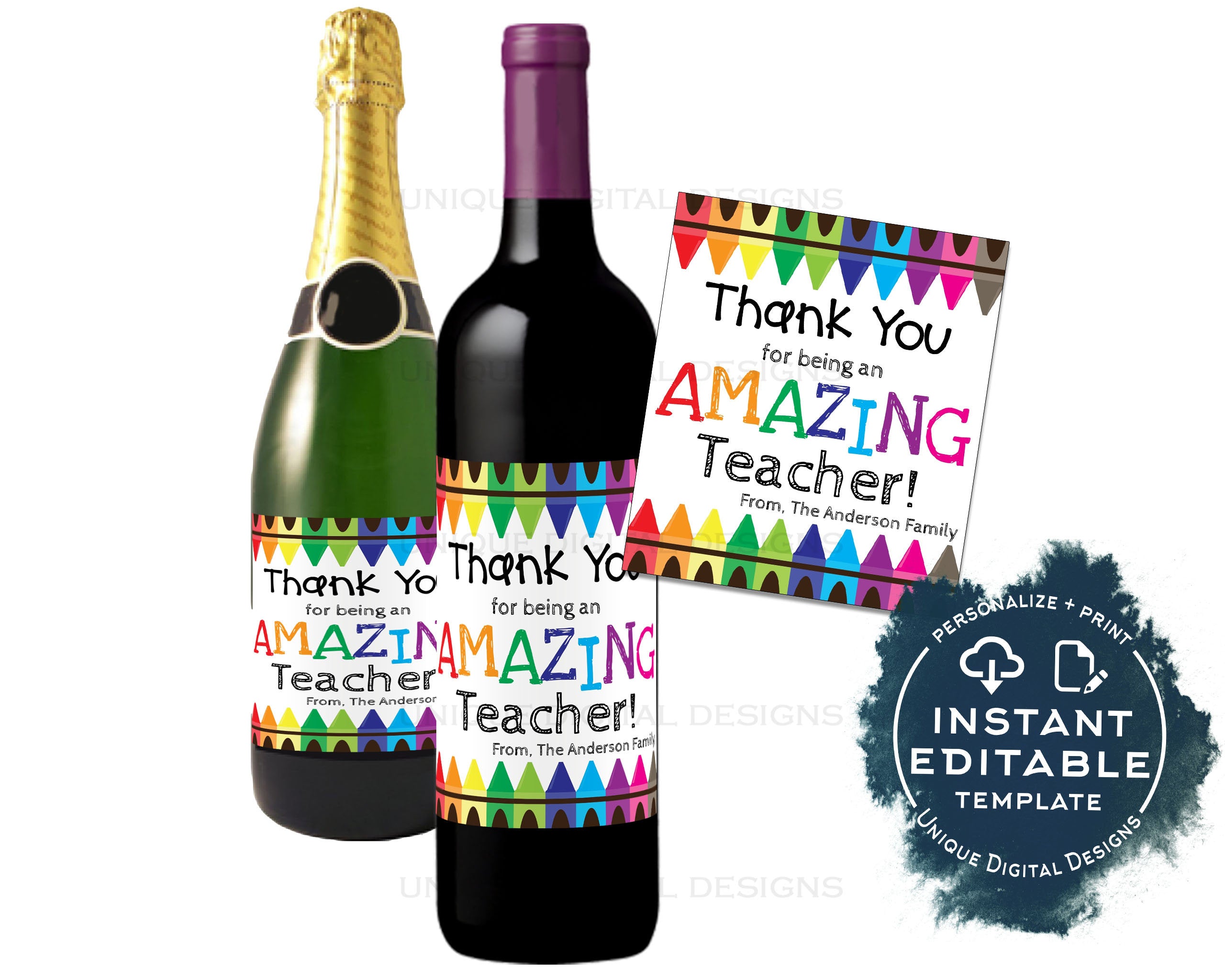 Teacher Appreciation Wine Bottle Label, Editable Wine Label Sticker