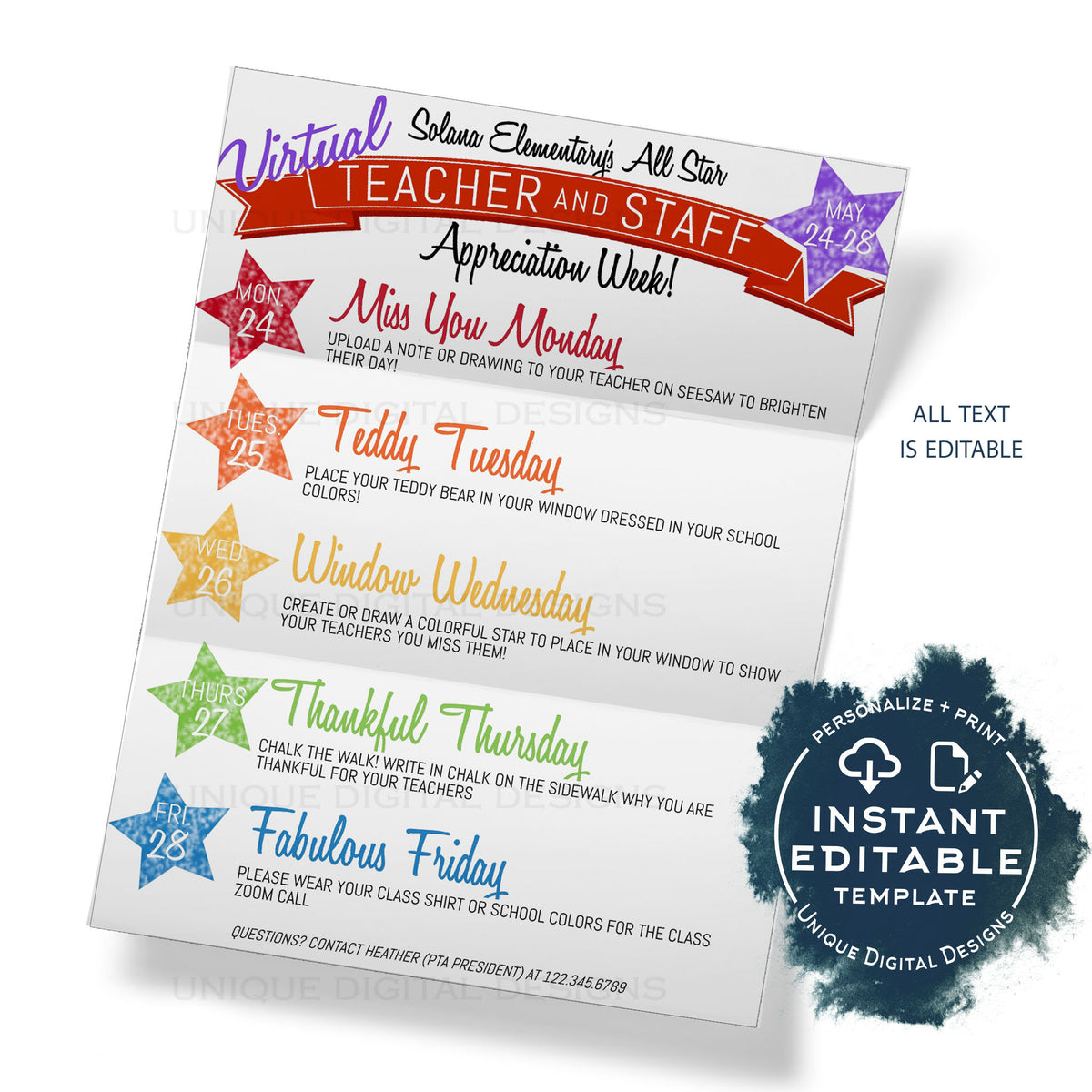 Virtual Teacher Appreciation Week Schedule, Editable School Staff Appr
