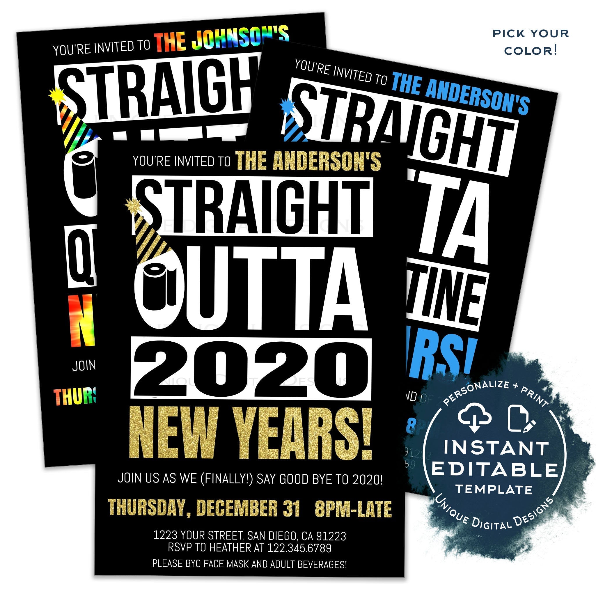 Editable New Years Eve Party Invitation Straight Outta Quarantine Inv