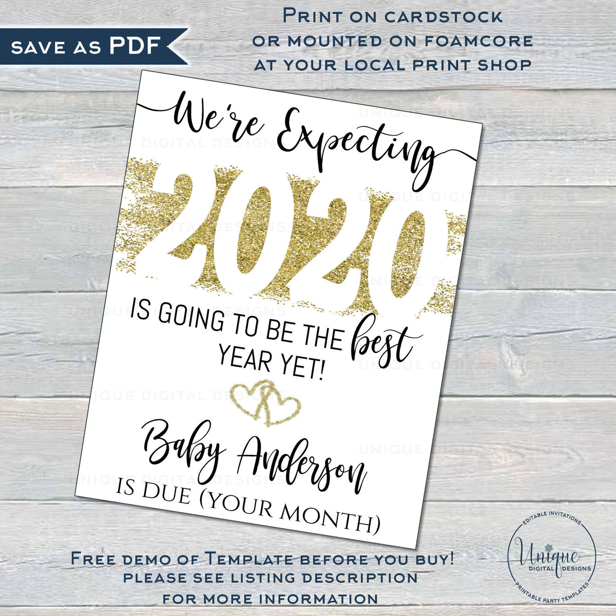 Editable New Year's Pregnancy Announcement Sign, 2021 Baby Reveal Phot