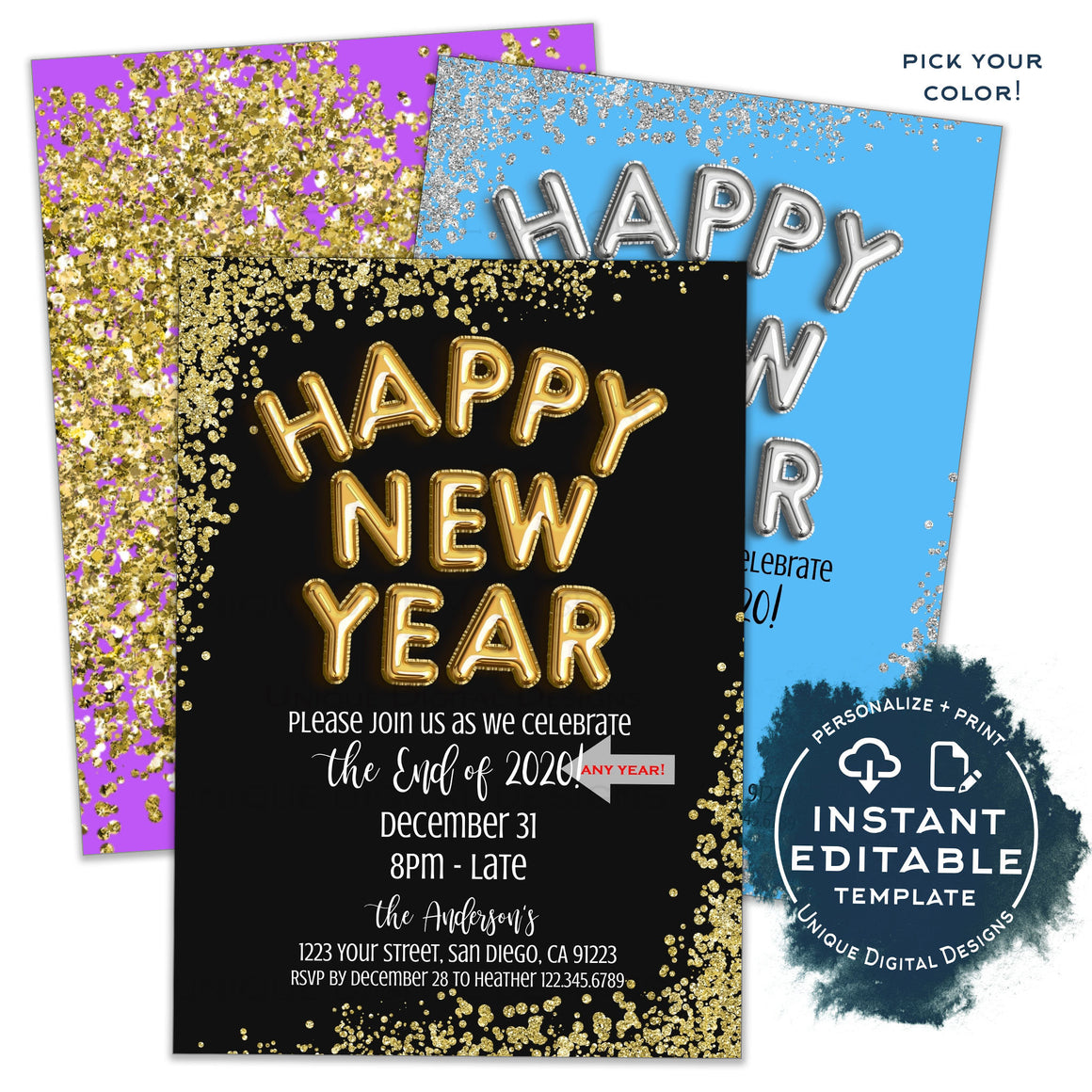 Happy New Year Invitation, Editable New Years Eve Party, Any Year - Go