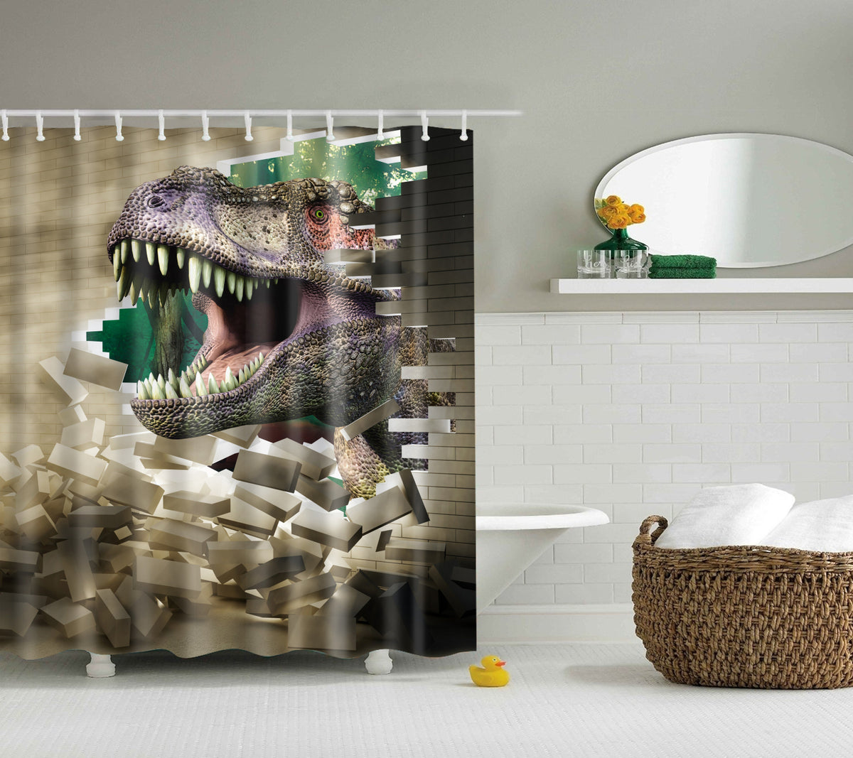 3D Dinosaur Destroy Wall Shower Curtain Bath Decor – GoJeek