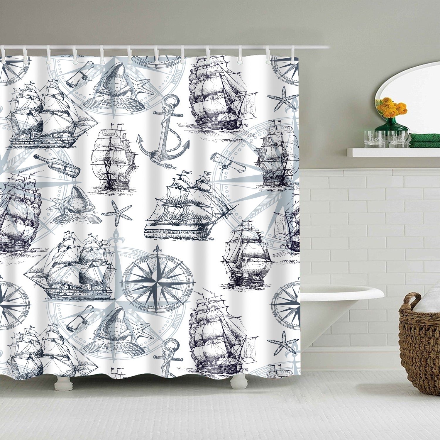 Dark Blue Ship Sailboat Shower Curtain Ancient Nautical Marine Bathroom Decor Gojeek