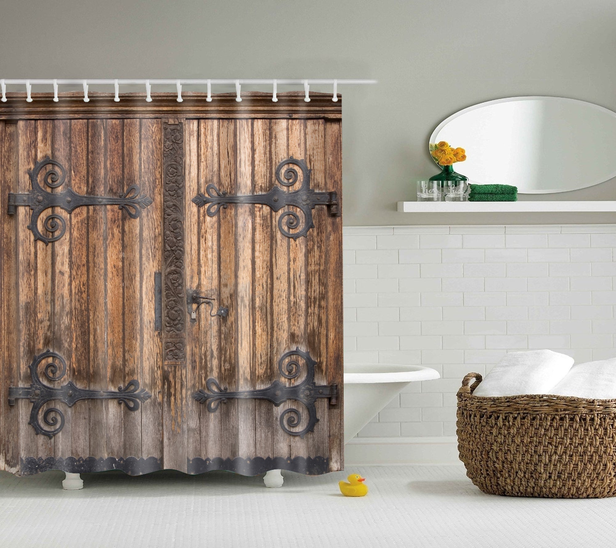 Antique Wood Interior Double Barn Door Shower Curtain | GoJeek