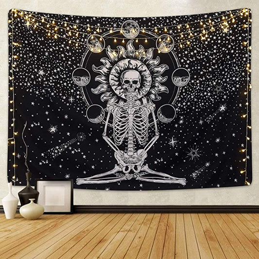 Black White Stars Backdrop Chakra Meditation Skull Skelton Tapestry