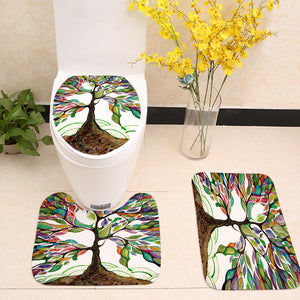 3 Pieces Bath Rug Set Toilet Seat Cover Colorful Painting Tree of Life