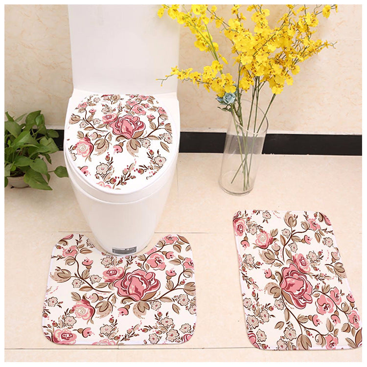 Elegant Pink Rose Floral Pattern Bathroom Rug Toilet Seat Mat - GoJeek