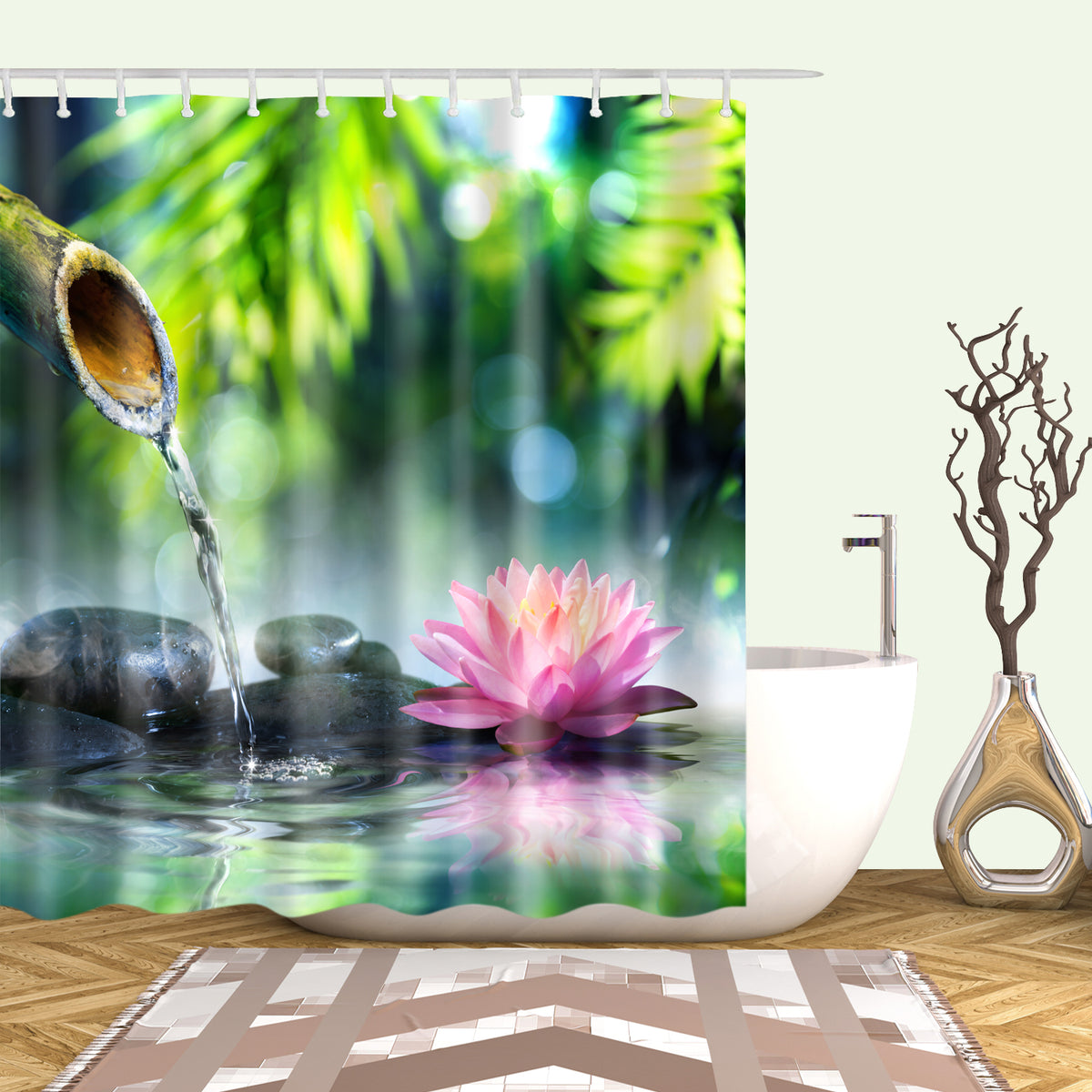Exquisite Water lilies Zen Stone Bamboo Shower Curtain | GoJeek