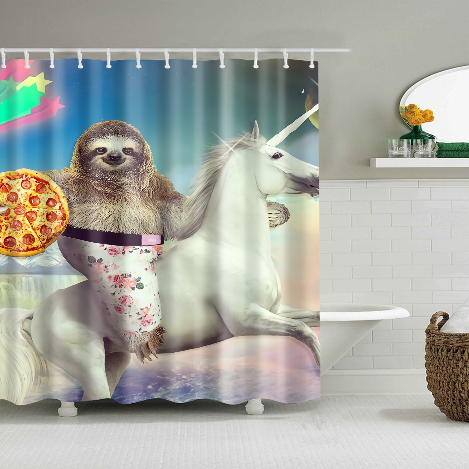 Sloth Riding Unicorn With Pizza Shower Curtain Bathroom Decor Accessories Gojeek