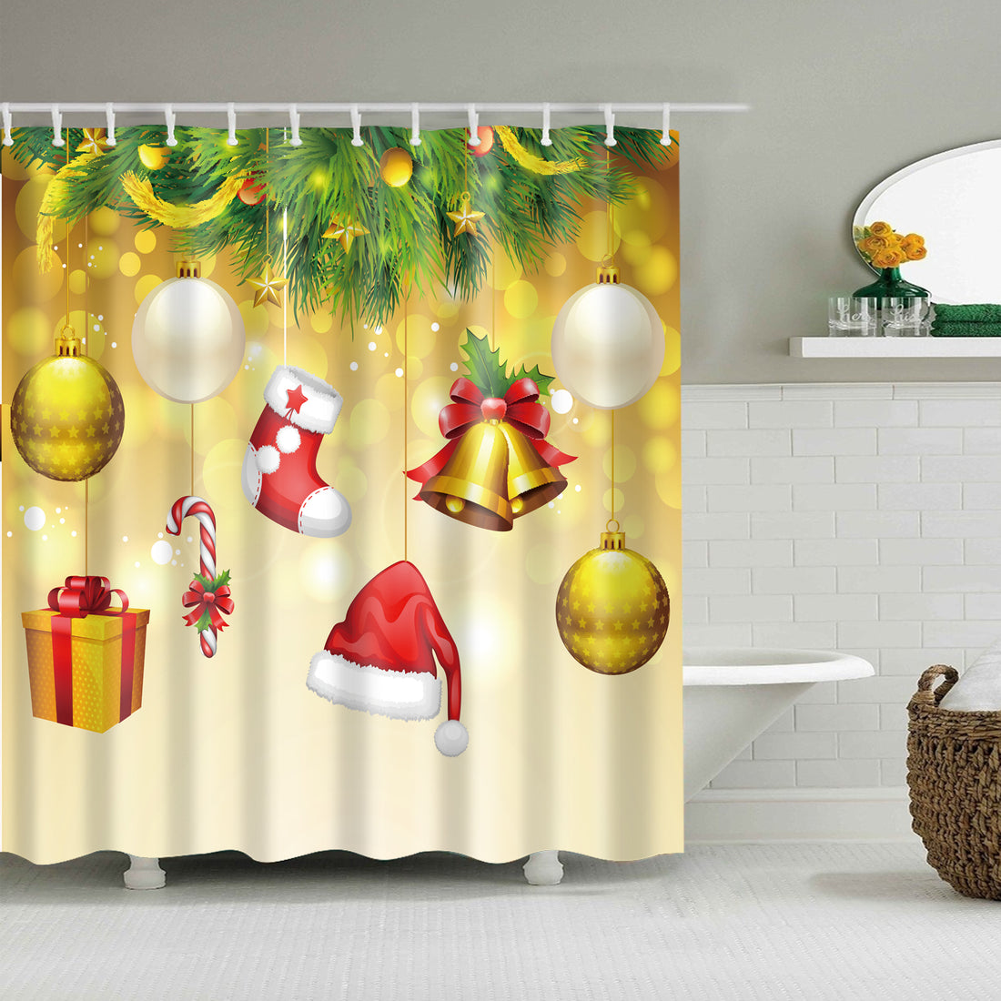 Golden Backdrop Hanging Christmas Ornament Shower Curtain | GoJeek
