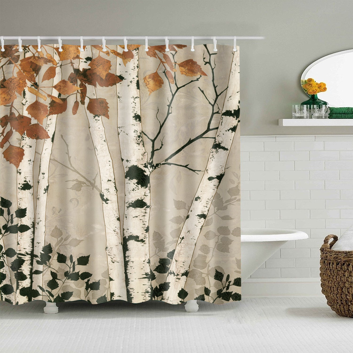 Grey Backdrop Autumn Maple Leaves Birch Tree Shower Curtain Bathroom Decor Gojeek