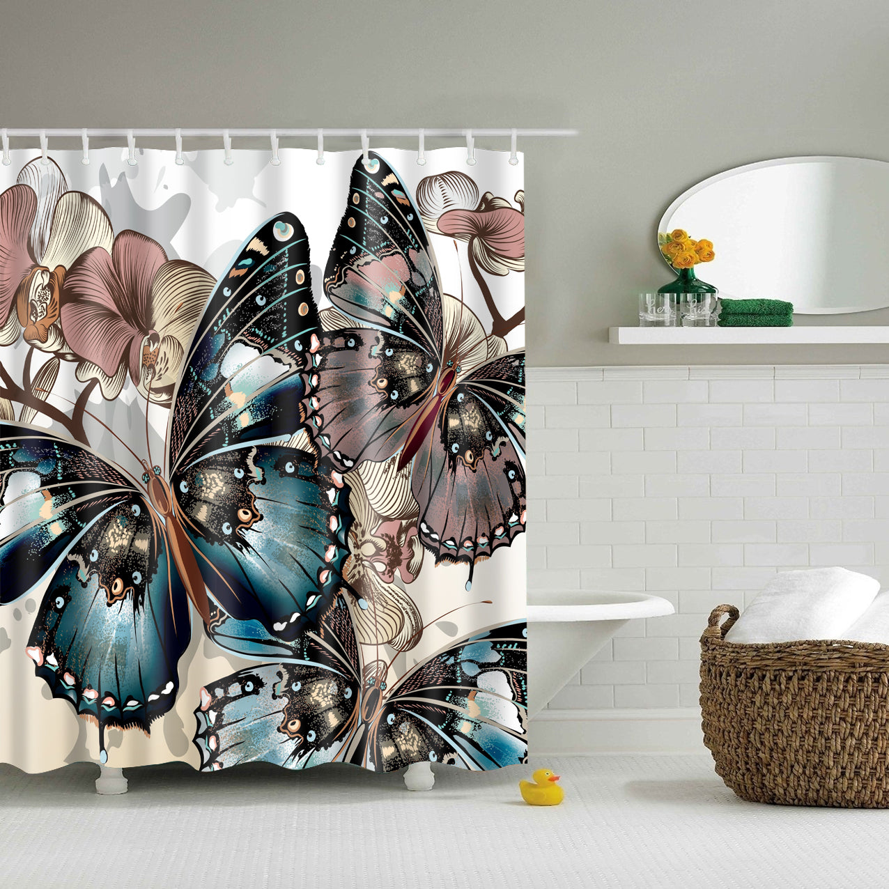 Monarch Butterfly Shower Curtain, Vintage Grey Butterfly with Flowers ...