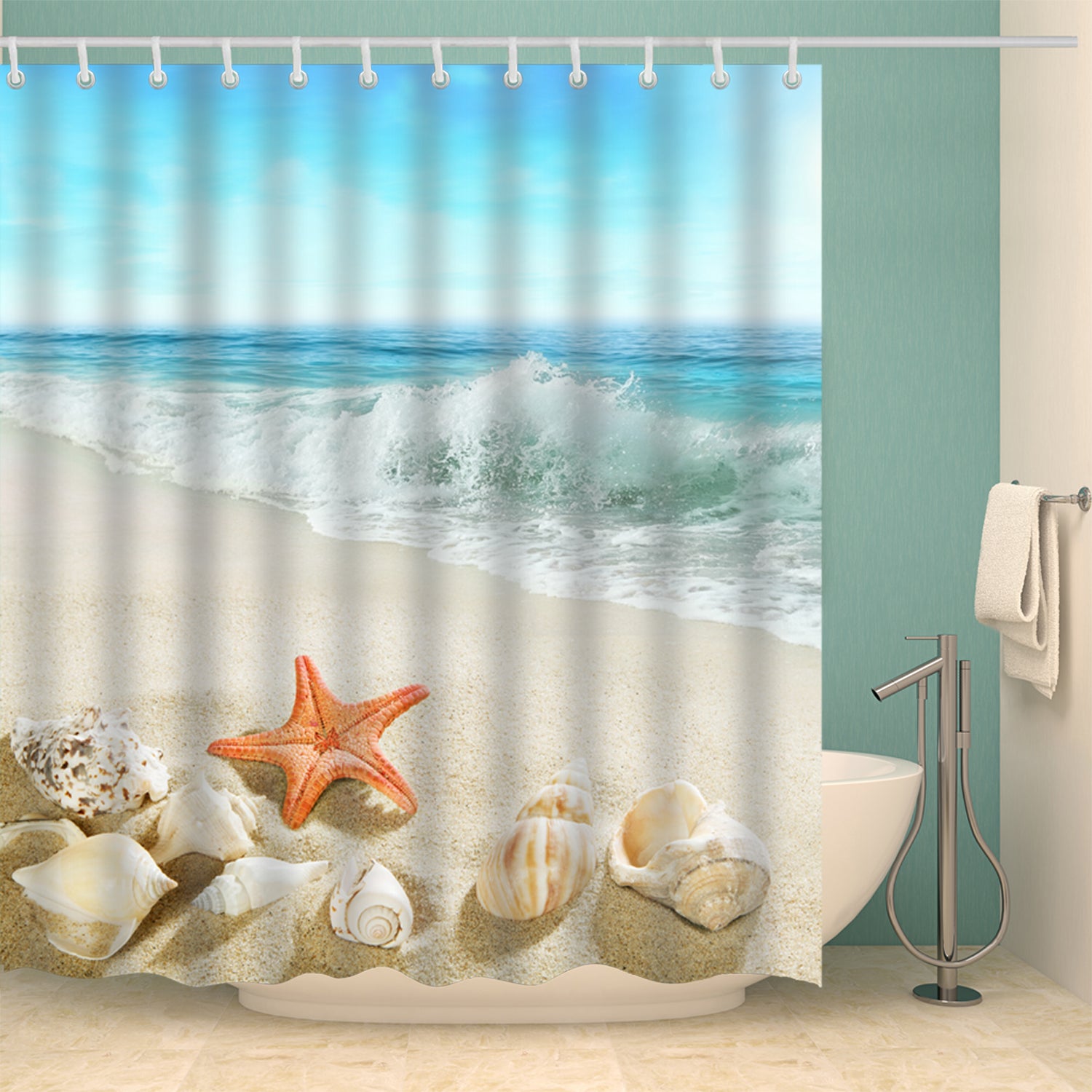 Orange Starfish Shower Curtain White Conch Seashell Summer Beach Bathroom Curtains Gojeek