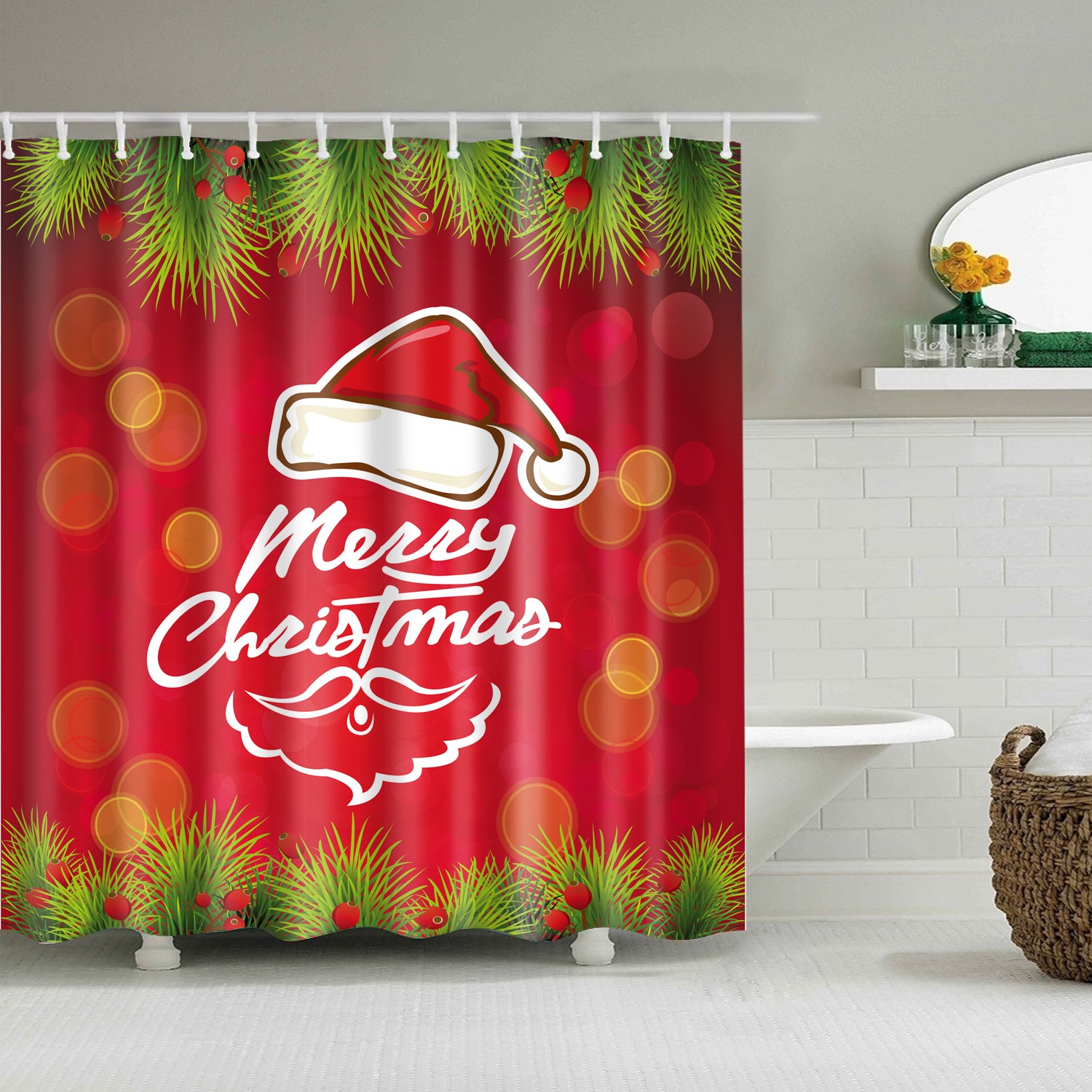 Red and Green Backdrop Christmas Quotes Shower Curtain | GoJeek