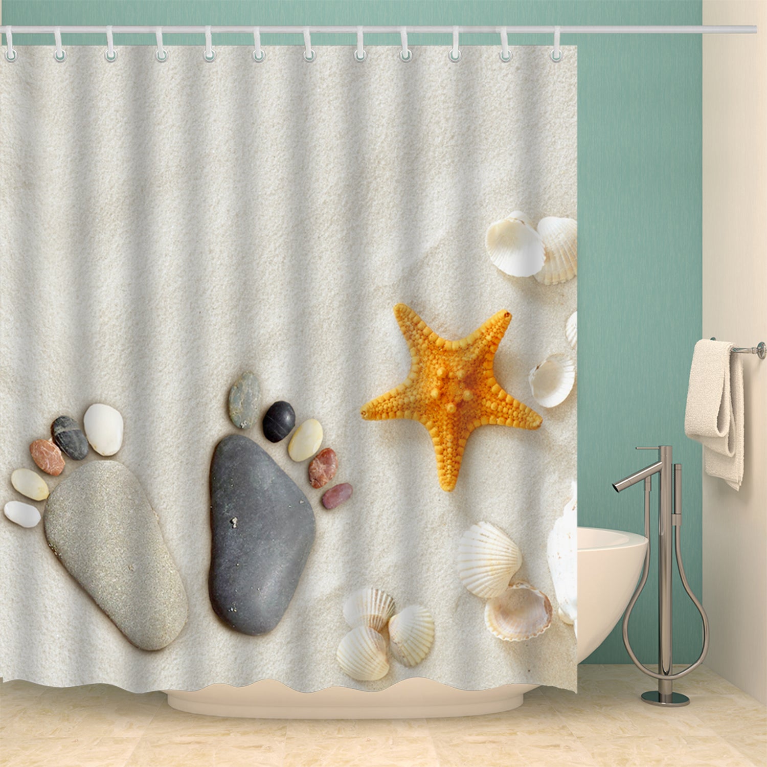 Summer Starfish Shower Curtain Rock Footprint Beach Bathroom Curtains Gojeek