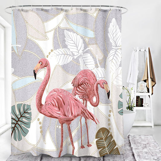 Tropical Leaves Marble Print with Flamingo Shower Curtain