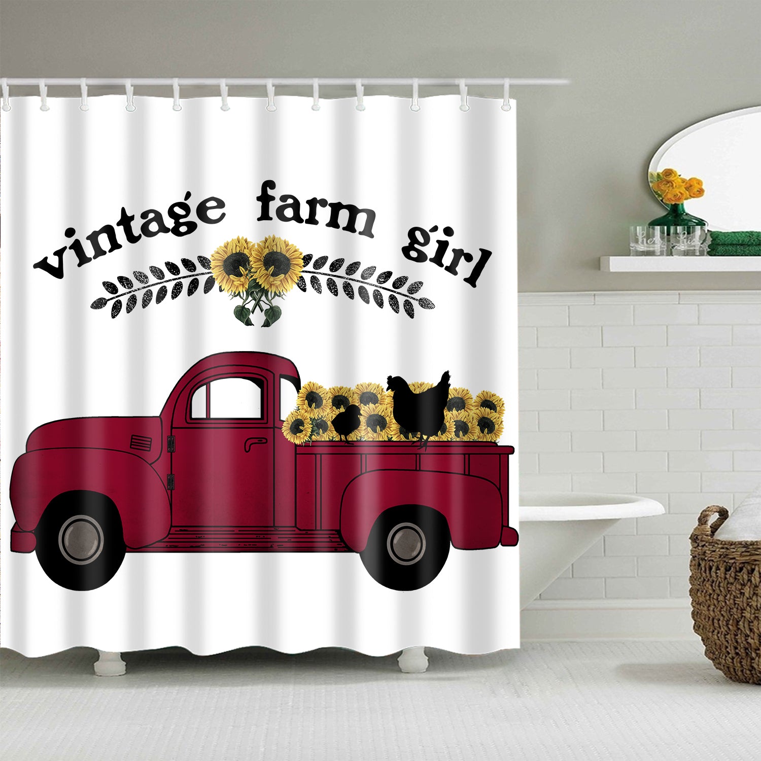 Farm Girl Shower Curtain, Vintage Chicken Sunflower Red Truck Farmhouse ...