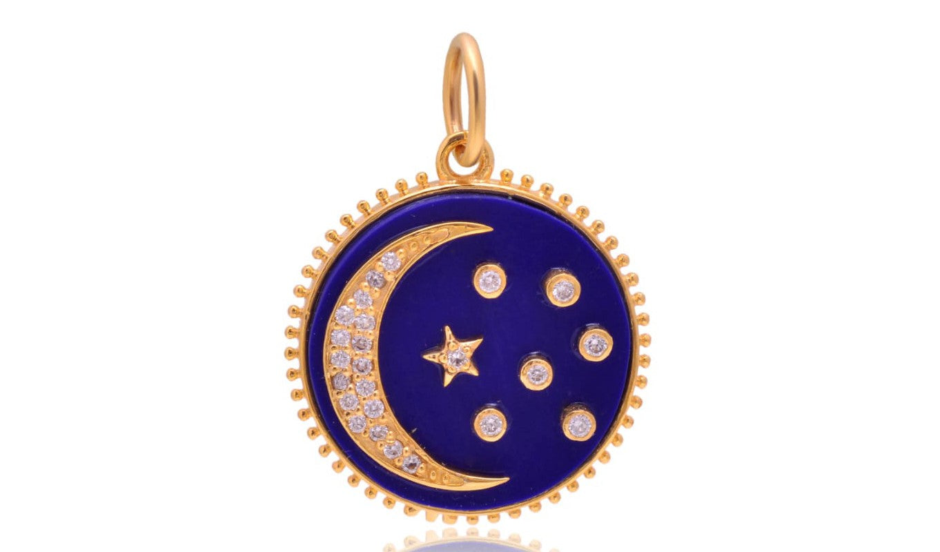 14K Solid Gold Pave Diamond Lapis Moon and Star Pendant, (14K-DP-098)