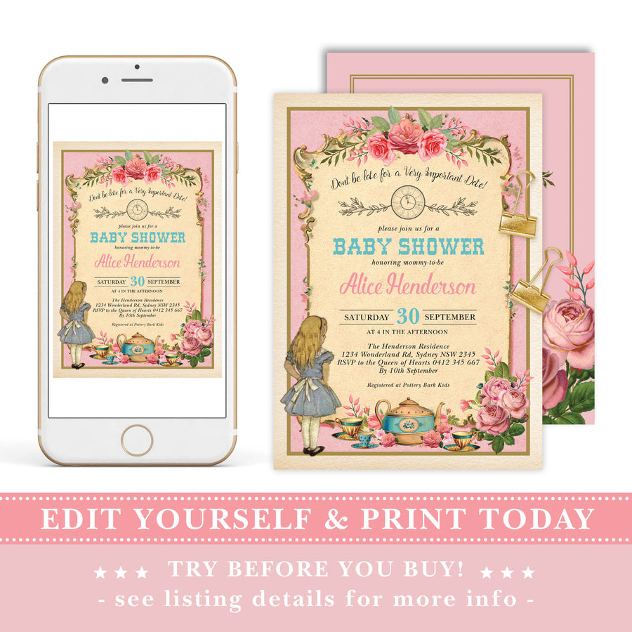 Alice Wonderland Pink Baby Shower Invitation - Vintage Wonderland