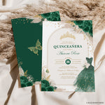 Emerald Green Quinceañera Invitations with Backside