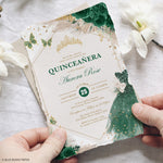 Emerald Green Quinceañera Invitations held in two hands