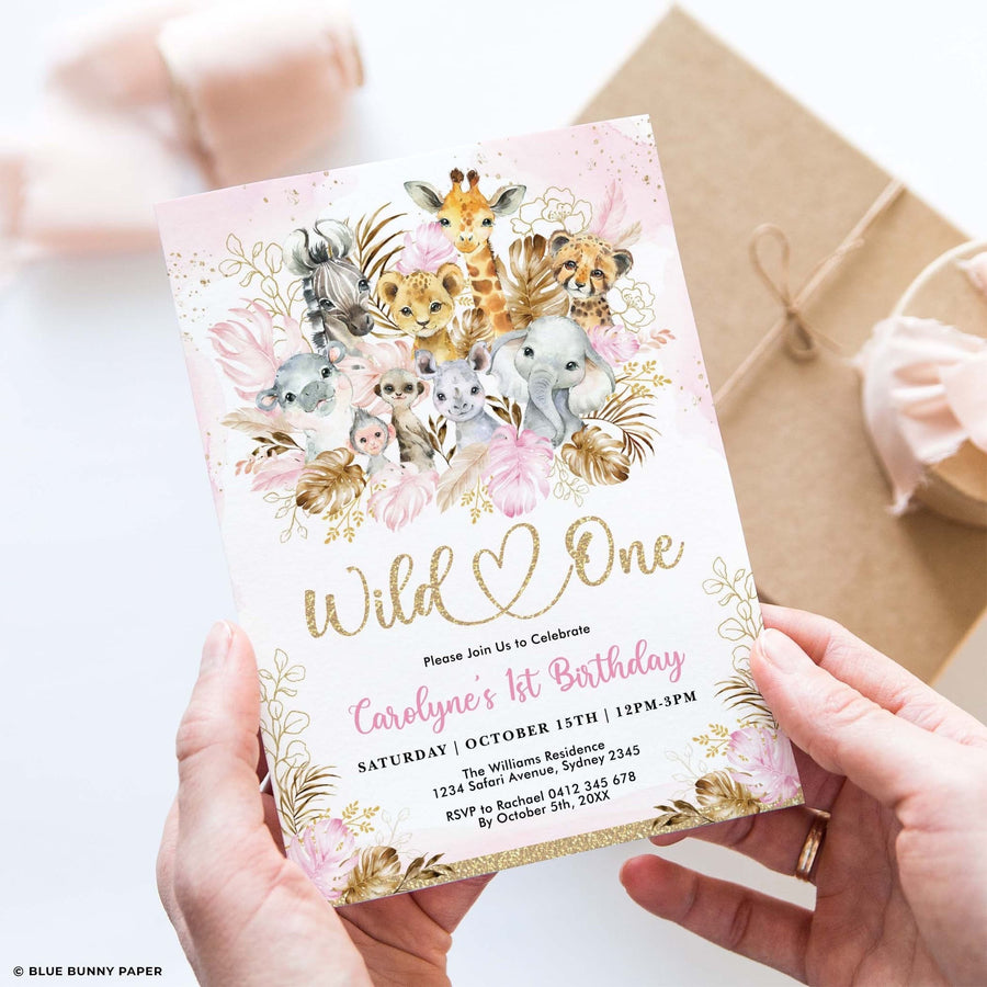 Wild One Pink Safari Birthday Invitation